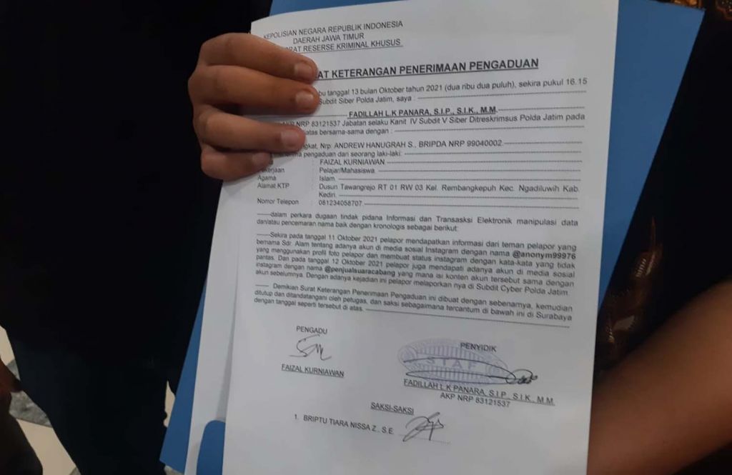 Laporan Ketua HMI Kediri, Faizal Kurniawan ke Polda Jatim