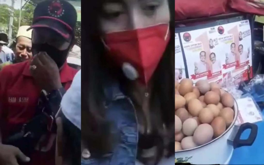 Kolase tangkapan layar video beberapa orang yang terlibat dalam kerumunan orang yang memaksa bapak tua memakai kaos Erji