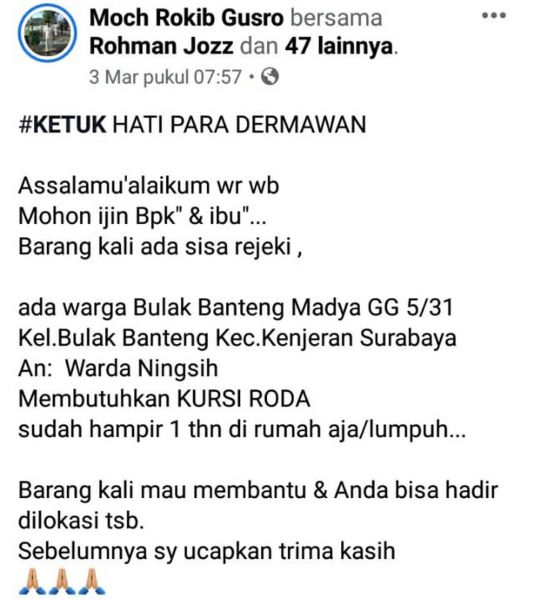 Postingan akun Facebook Moch Rokib Gusro tentang kondisi Warda Ningsih