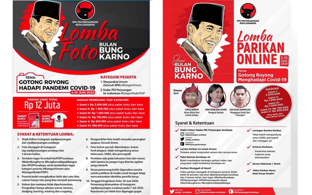 Kolase pamflet lomba foto dan parika online yang digelar PDIP Surabaya dalam rangka Bulan Bung Karno