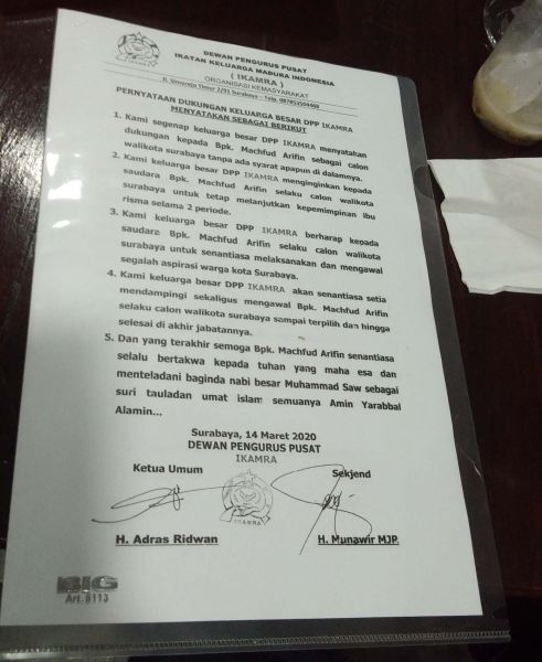 Surat dukungan Ikamra untuk Machfud Arifin