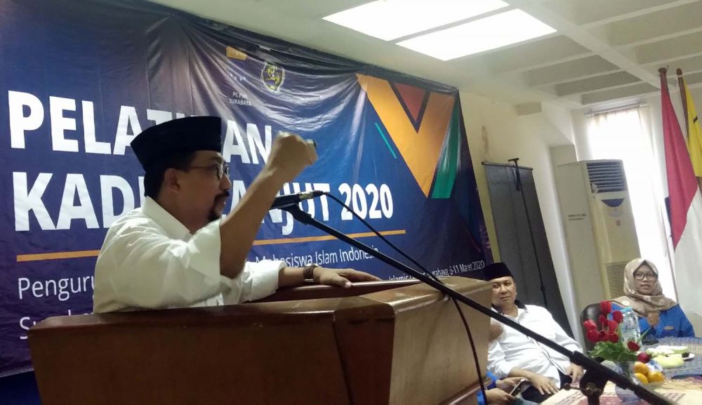 Machfud Arifin saat menjadi salah satu narasumber dalam acara Pelatihan Kader Lanjutan (PKL) 2020 PC PMII Surabaya, di gedung Islamic Center Surabaya, Rabu (11/3/2020)