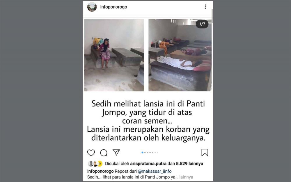 Potingan akun Instagram Info Ponorogo tentang kondisi panti lansia yang dikelola Rama Philips