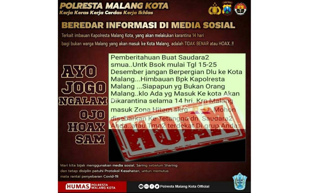 Pesan berantai berisi larangan pergi ke Kota Malang dipastikan hoaks