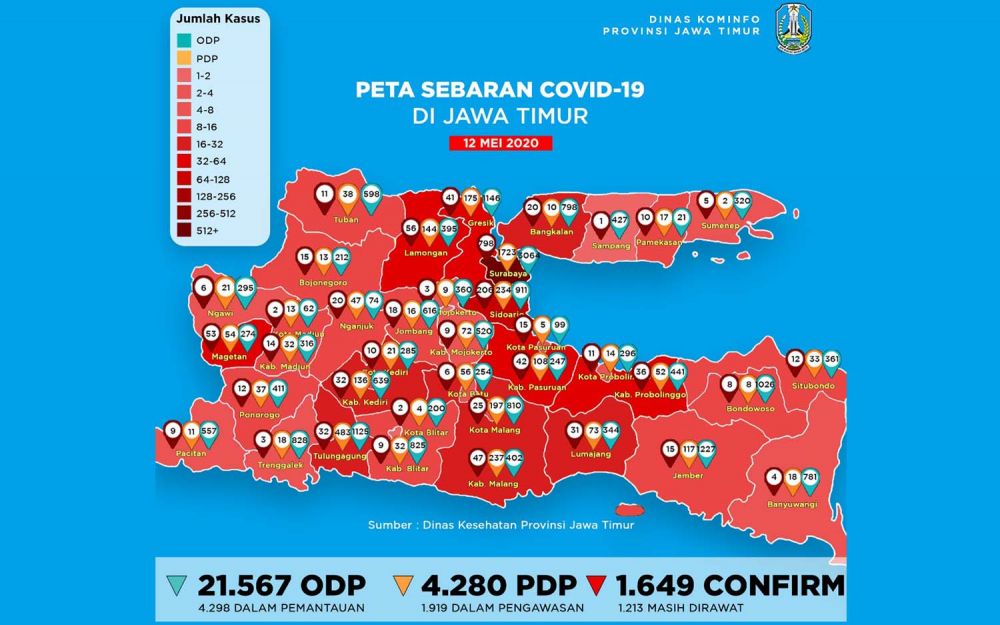 Peta sebaran Covid-19 di Jatim per 12 Mei 2020, semua kabupaten dan kota di Jatim jadi zona merah