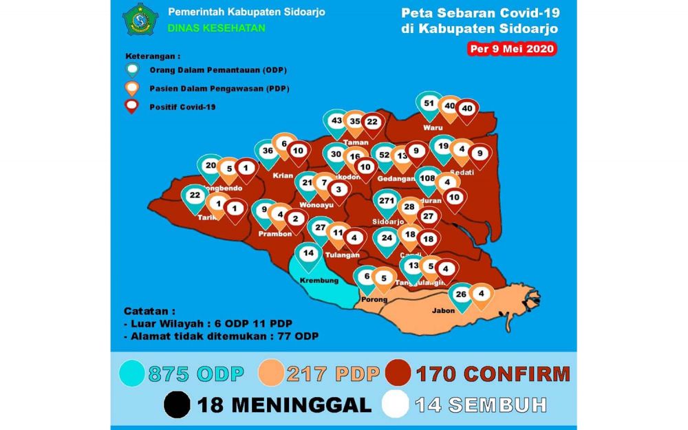 Peta sebaran Covid-19 di Sidoarjo per 9 Mei 2020