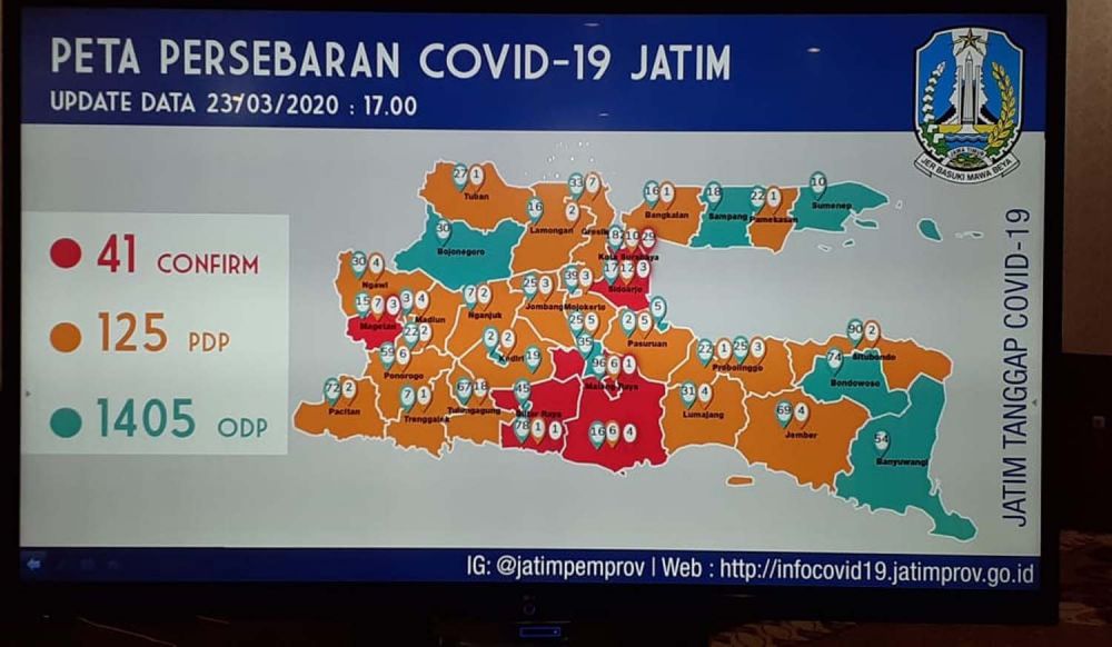 Peta sebaran Virus Corona di Jawa Timur hingga pukul 17.00 Wib, Senin (23/3/2020)