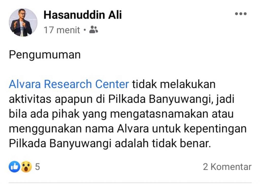 Tangkapan layar postingan Founder and CEO Alvara Research Center, Hasanuddin Ali