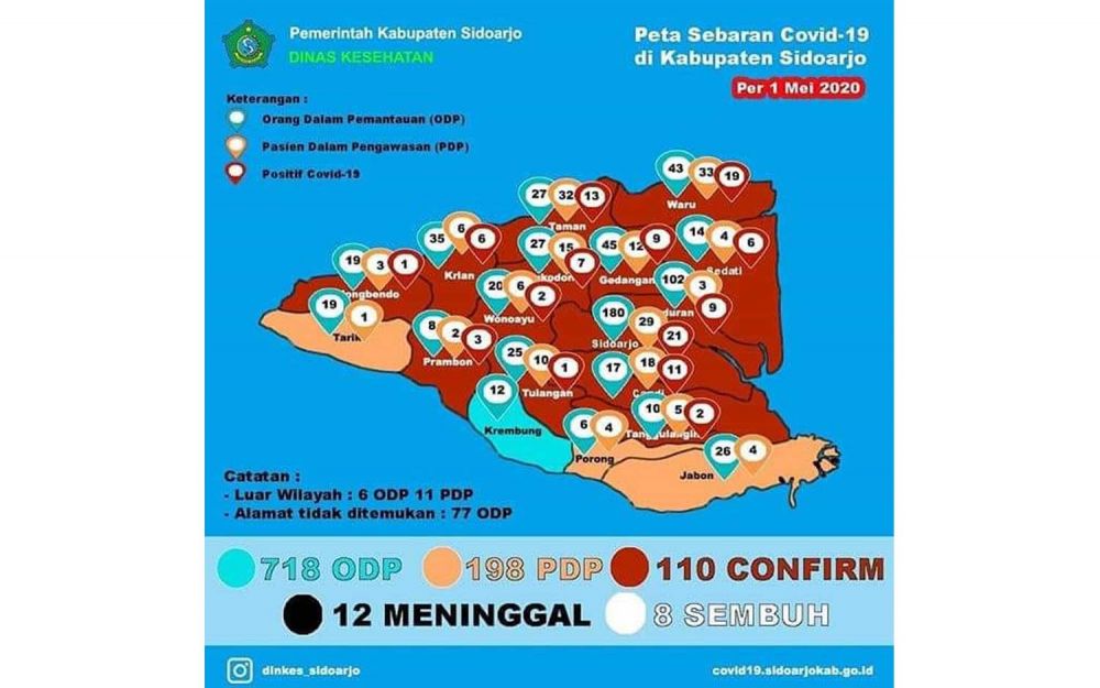 Peta sebaran Covid-19 di Sidoarjo per 1 Mei 2020