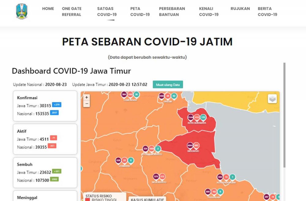 Peta sebaran Covid-19 di Jawa Timur per 23 Agustus 2020