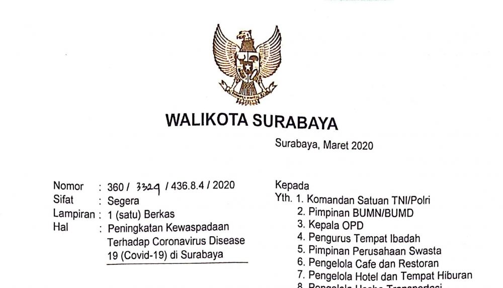 Tangkapan layar Surat Edaran Wali Kota Surabaya Waspada Covid-19