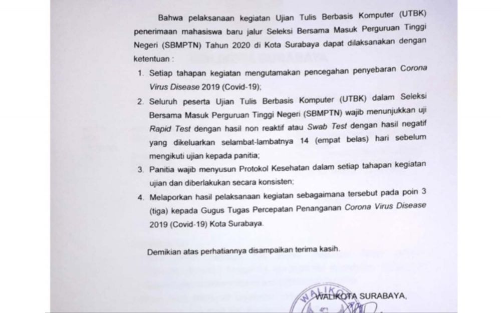 Surat edaran dari Pemkot Surabaya soal kewajiban rapid test untuk peserta UTBK SBMPTN 2020 yang beredar