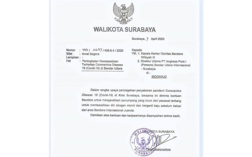 Surat Wali Kota Surabaya Tri Rismaharini untuk Otoritas Bandara Internasional Juanda di Sidoarjo yang beredar