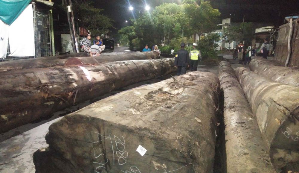 Kayu Gelondongan Tumpah Jalan di Surabaya ini Sempat Tertutup