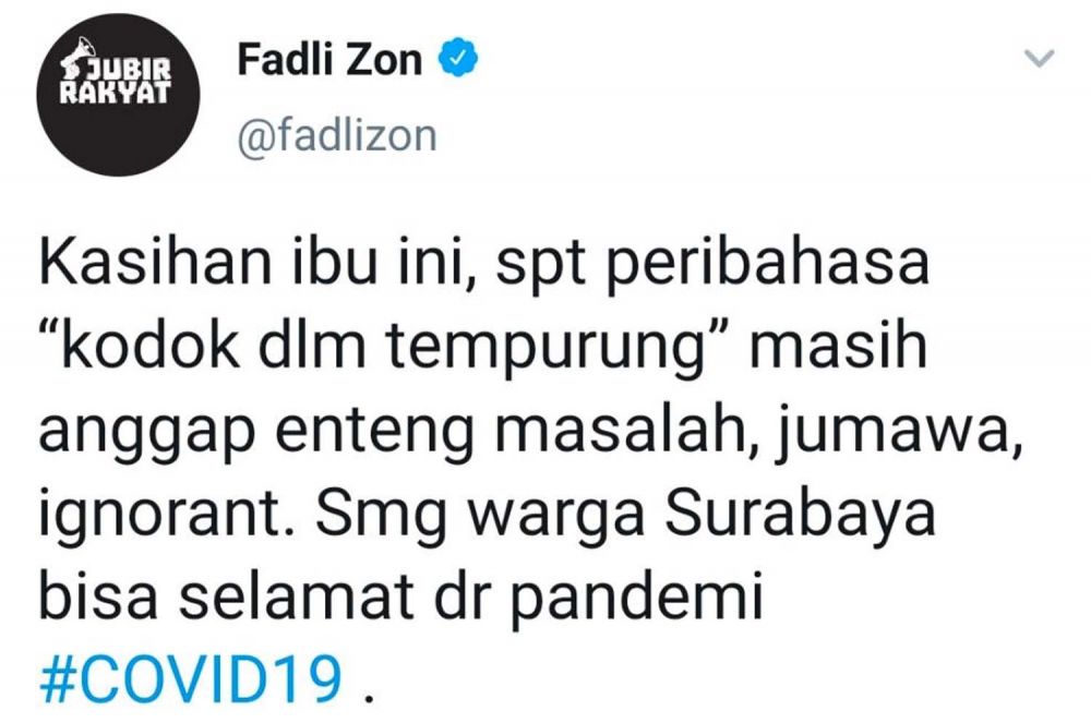 Postingan Fadli Zon melalui akun twitternya soal candaan Wali Kota Surabaya Tri Rismaharini