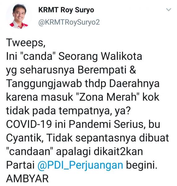 Postingan Roy Suryo melalui akun twitternya soal candaan Wali Kota Surabaya Tri Rismaharini