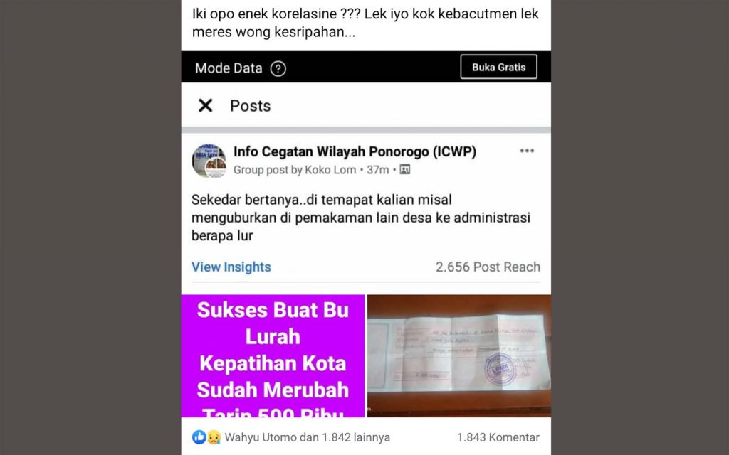 Tangkapan layar postingan Facebook yang menyebut biaya pemakaman di Bibis, Ponorogo sebesar Rp 5 juta