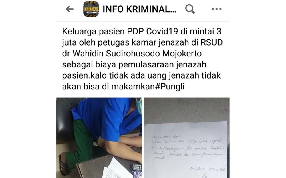 Tangkapan layar postingan di Facebook yang menyebut ada penarikan uang Rp 3 juta kepada keluarga PDP di RSU Dr Wahidin Sudirohusodo Kota Mojokerto