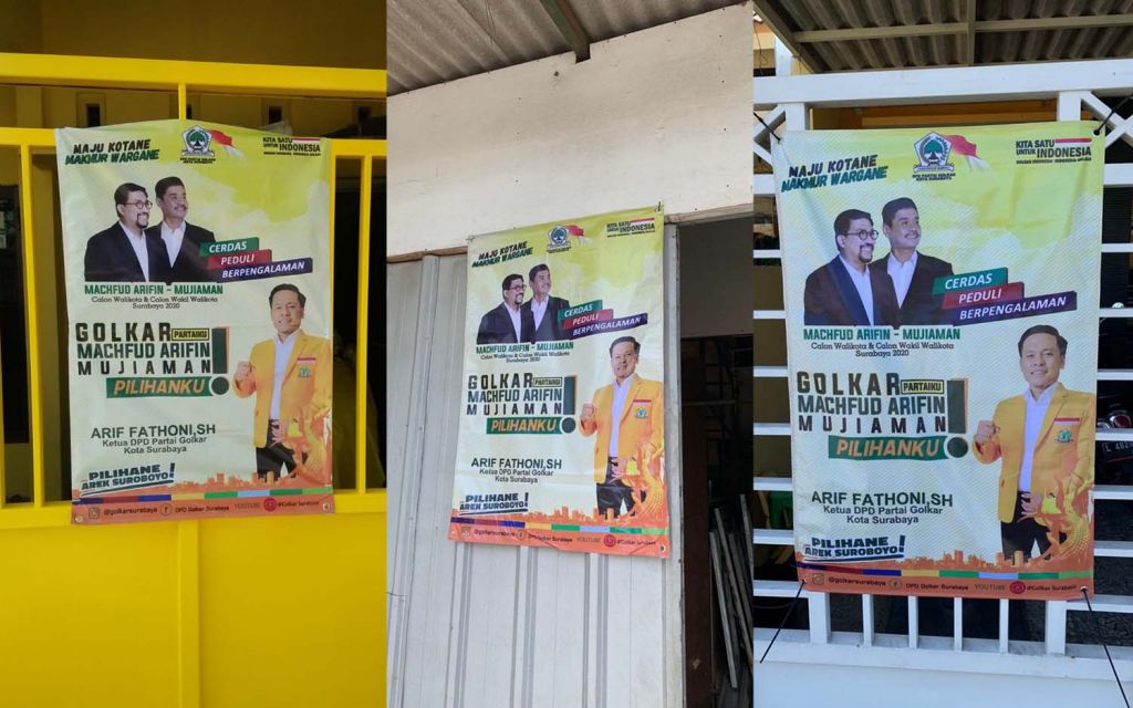 Kolase warga pasang banner Machfud Arifin-Mujiaman di rumah masing-masing
