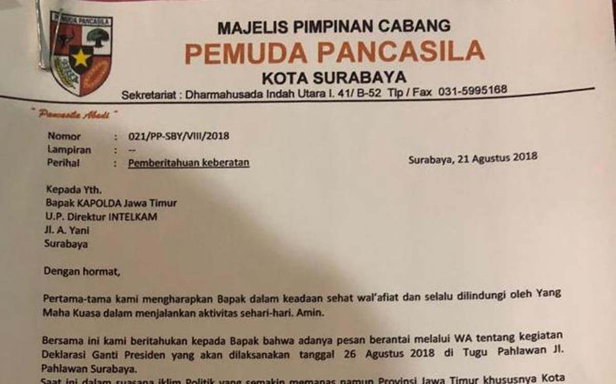 Surat pemberitahuan keberatan dari MPC Pemuda Pancasila Surabaya