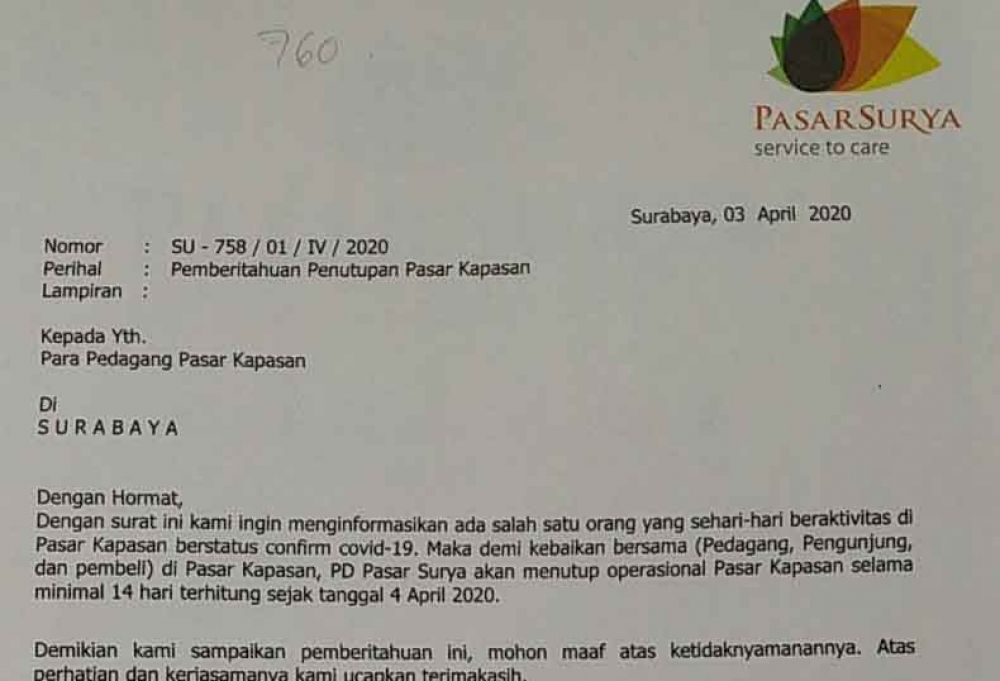 Surat PD Pasar Surya yang menutup operasional Pasar Kapasan imbas Corona