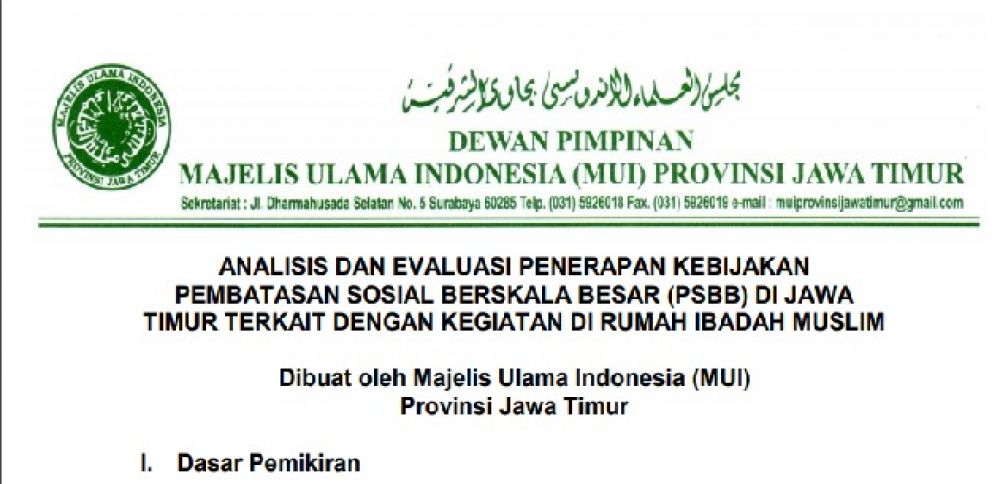 Surat MUI Jatim terkait dengan kegiatan rumah ibadah muslim di masa PSBB