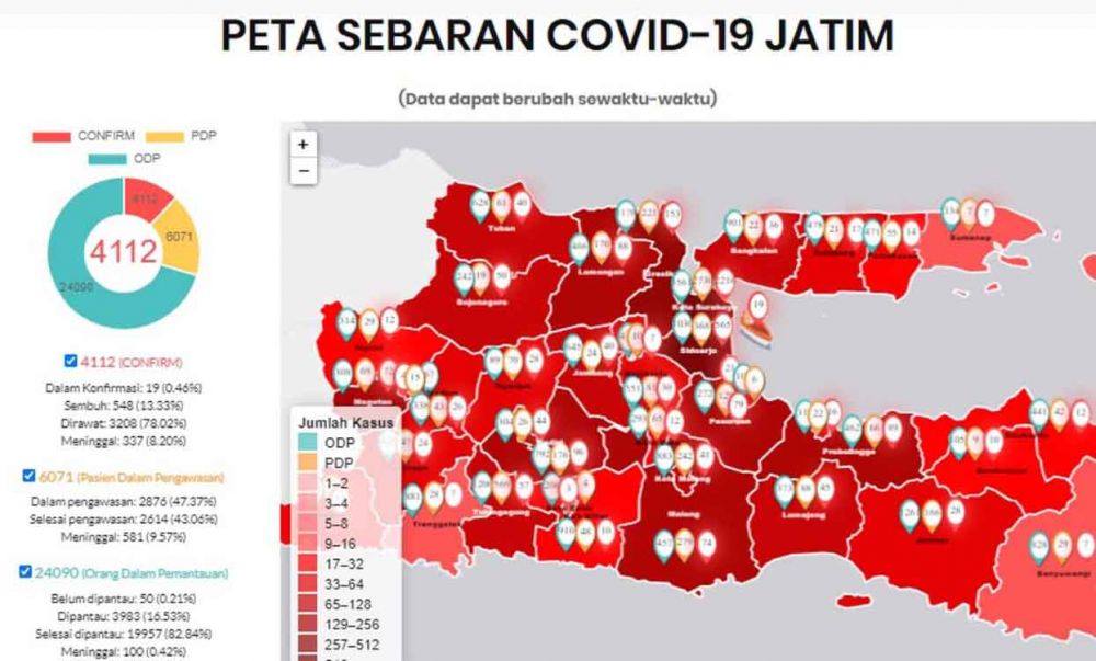 Peta persebaran Covid-19 di Jawa Timur
