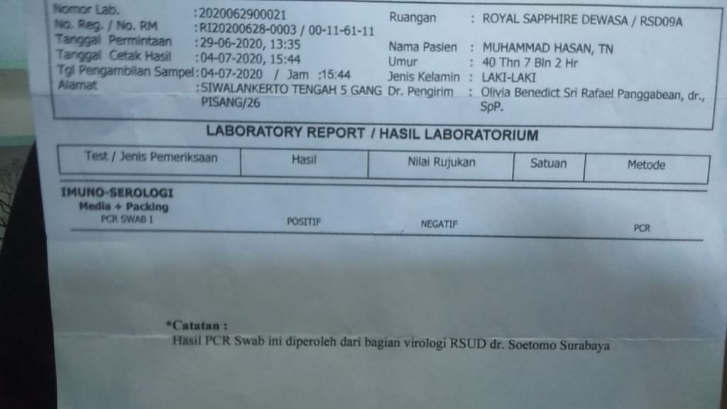 Hasil tes swab suami Sri Muljani Istiqomah yang meninggal dunia
