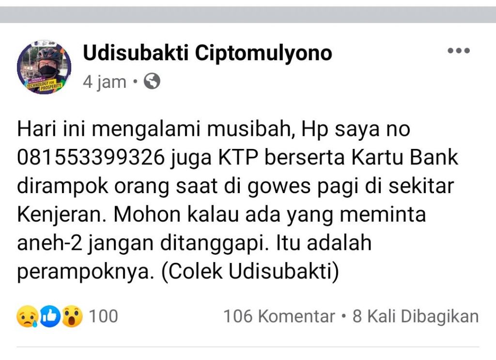 Postingan Prof Dr Ir Udisubakti Ciptomulyono di akun Facebook-nya