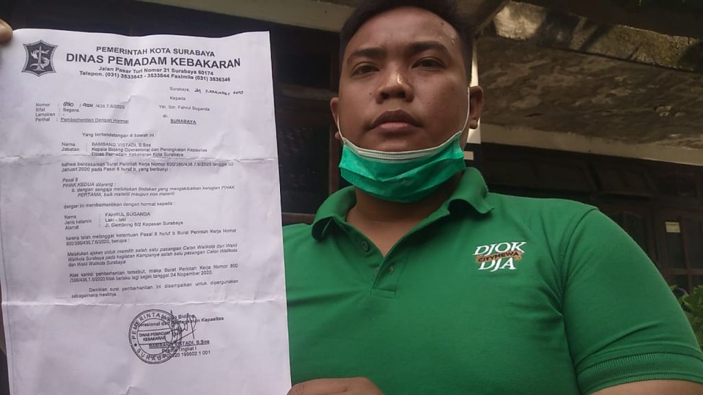 Fahrul Suganda, tenaga outsourcing PMK Surabaya yang dipecat gara-gara mendukung Machfud Arifin-Mujiaman