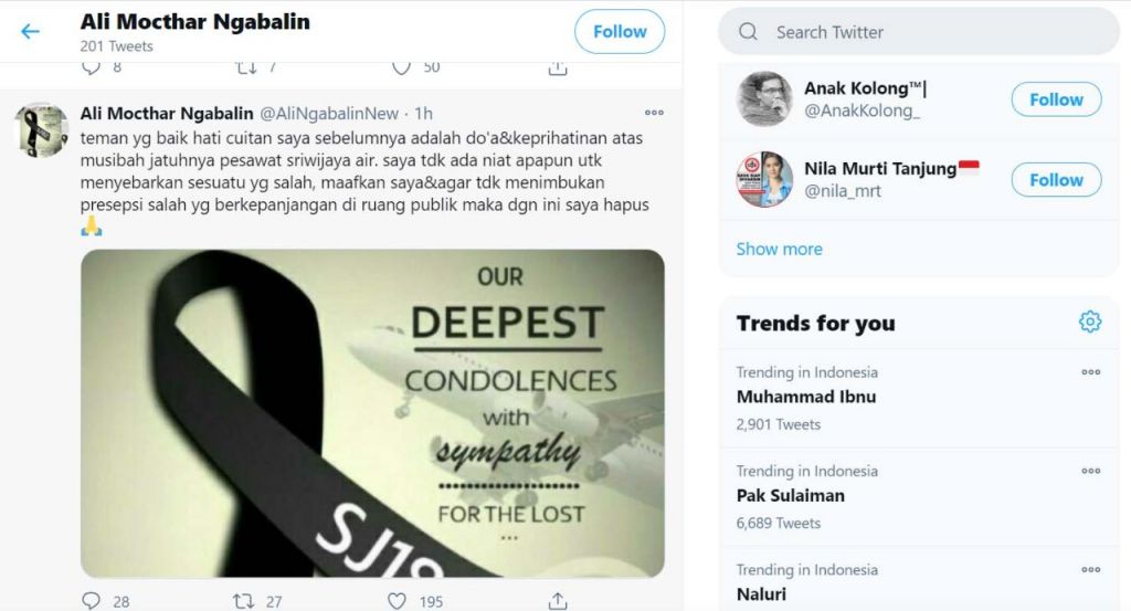 Postingan Ali Mochtar Ngabalin yang baru di Twitter
