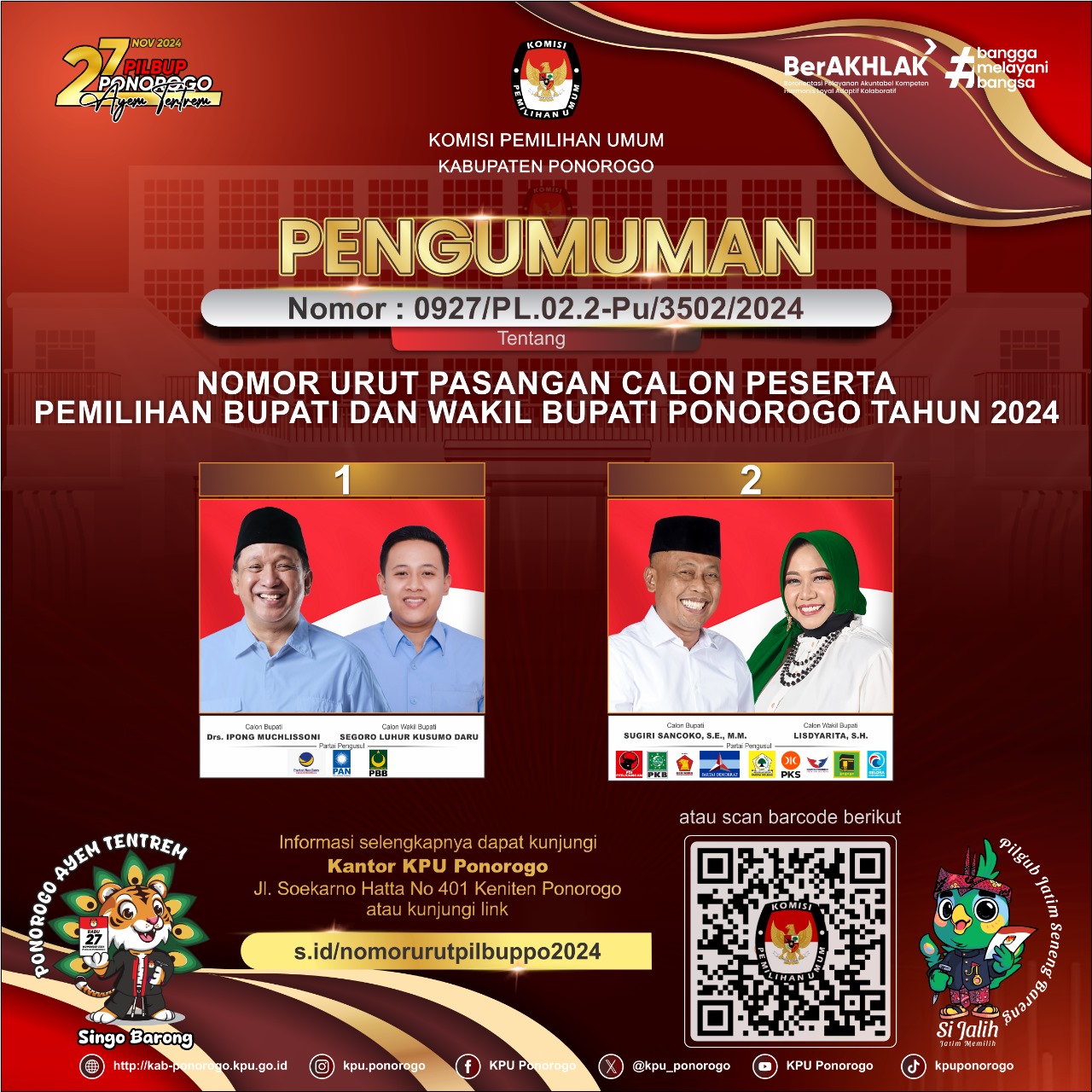 Pengumuman Nomor Urut Pasangan Calon Pilbup Ponorogo 2024