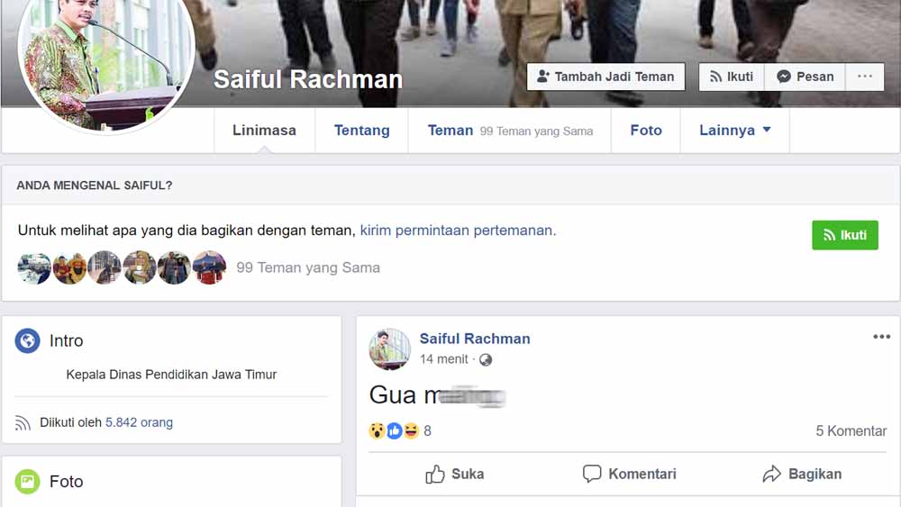 Akun Facebook pribadi milik Kepala Dinas Pendidikan (Kadindik) Jawa Timur Syaiful Rachman dibobol